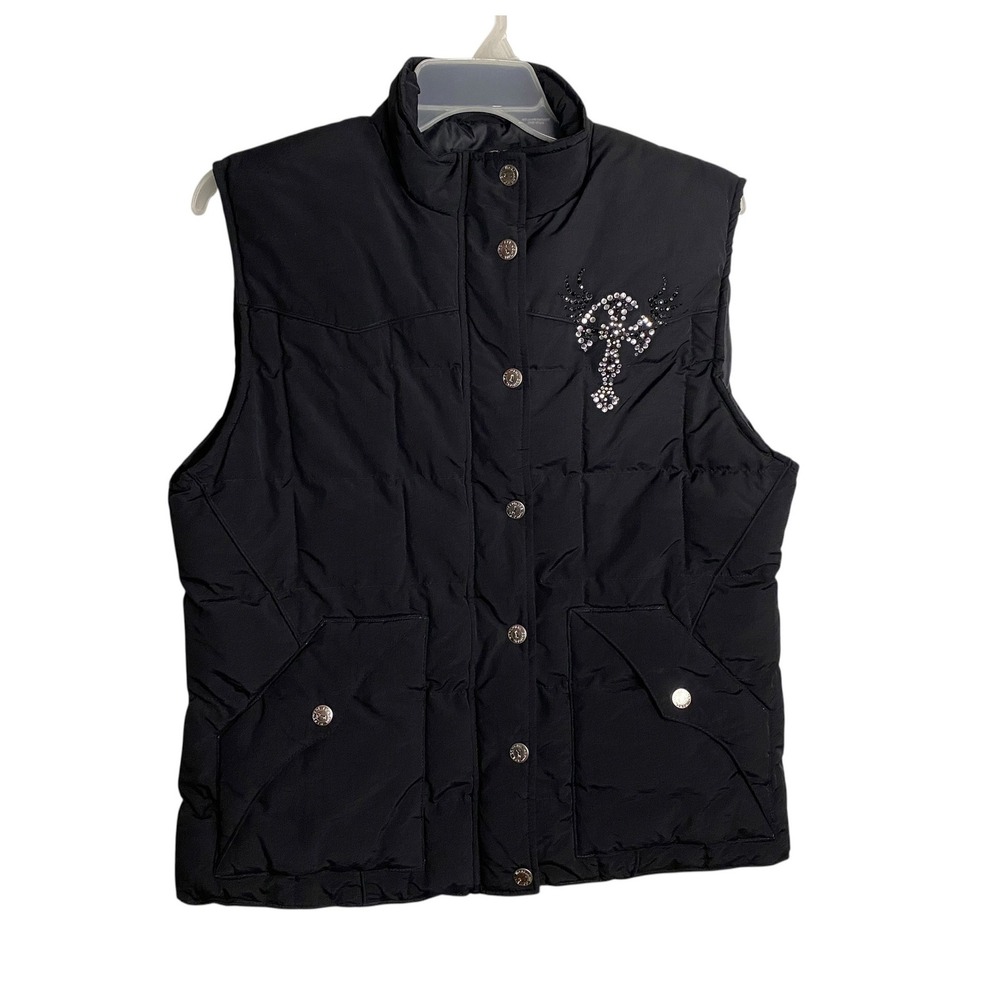 Cowgirl Hardware Womens XL Black Puffer Vest Rhinestone Cross Wings Western Zip